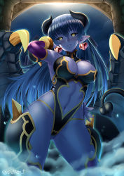 Rule 34 | 1girl, armor, armpits, astaroth (shinrabanshou), backlighting, black leotard, black sclera, black wings, blue hair, blue skin, blush, bracelet, breasts, butter-t, cleavage, cleavage cutout, clothing cutout, colored sclera, colored skin, commentary, contrapposto, demon girl, demon horns, demon tail, detached sleeves, earrings, english commentary, faulds, hand in own hair, hand on own hip, heart, heart earrings, highleg, highleg leotard, horns, jewelry, large breasts, leotard, long hair, looking at viewer, low wings, navel, navel cutout, night, nose blush, over-kneehighs, purple sleeves, purple thighhighs, shinrabanshou, slit pupils, solo, standing, tail, thighhighs, thighs, twitter username, wings, yellow eyes