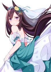 Rule 34 | 1girl, absurdres, animal ears, bare shoulders, blush, breasts, brown hair, commentary, ear flower, from behind, from side, gloves, hair ornament, hairclip, highres, horse ears, horse girl, long hair, looking at viewer, looking to the side, mejiro dober (umamusume), nitsu (nitsuni2 2), purple eyes, small breasts, solo, symbol-only commentary, umamusume, white gloves