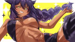 Rule 34 | 1girl, animal ears, artist name, bikini, black footwear, black hair, black shorts, boots, braid, braided ponytail, breasts, cat ears, commentary request, copyright name, dark-skinned female, dark skin, fangs, grin, half-closed eyes, jahy, jahy-sama wa kujikenai!, large breasts, long hair, looking at viewer, micro shorts, navel, o-ring, o-ring bikini, partial commentary, pomita, shorts, signature, single braid, slit pupils, smile, solo, sparkle, standing, swimsuit, textless version, thigh boots, yellow background, yellow eyes