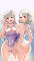 Rule 34 | 2girls, ass, asymmetrical bangs, bare back, bare shoulders, black ribbon, blue eyes, blush, braid, braided bangs, breasts, collarbone, competition swimsuit, covered navel, gluteal fold, grey hair, hair over shoulder, hair ribbon, highleg, highleg swimsuit, highres, hisakawa hayate, hisakawa nagi, idolmaster, idolmaster cinderella girls, large breasts, long hair, looking at viewer, mk (mod0), multiple girls, nipples, one-piece swimsuit, open mouth, red eyes, ribbon, see-through, siblings, sisters, small breasts, smile, standing, swimsuit, twins, wet