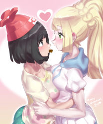 Rule 34 | 2girls, absurdres, beanie, black eyes, black hair, blonde hair, blunt bangs, breast press, breasts, candy, chocolate, chocolate heart, commentary request, creatures (company), dated, dress, eye contact, food, game freak, green eyes, happy valentine, hat, heart, highres, lillie (pokemon), long hair, looking at another, mizuumi (bb), mouth hold, multiple girls, nintendo, pokemon, pokemon sm, red headwear, selene (pokemon), shirt, short hair, short sleeves, valentine, white dress, yellow shirt, yuri