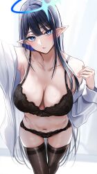 Rule 34 | 1girl, absurdres, armpits, black bra, black panties, black thighhighs, blue archive, blue eyes, blue hair, blue halo, bra, breasts, collarbone, commentary, english commentary, feet out of frame, fingernails, halo, highres, large breasts, long hair, long sleeves, looking at viewer, mole, nicky w, open clothes, open mouth, open shirt, panties, pointy ears, rin (blue archive), shirt, solo, thighhighs, underwear, white shirt