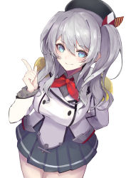 Rule 34 | 1girl, absurdres, arm behind back, beret, black hat, blue eyes, blush, breasts, commentary, epaulettes, frilled sleeves, frills, hair between eyes, hat, highres, index finger raised, kantai collection, kashima (kancolle), large breasts, long hair, long sleeves, looking at viewer, military, military uniform, pleated skirt, sashimi0gou, silver hair, simple background, skirt, smile, solo, twintails, uniform, white background