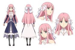 1girl black_footwear breasts character_sheet detached_sleeves dress dulcinea_(grimms_notes) green_eyes grey_socks grimms_notes grimms_notes_the_animation hair_ribbon kawashima_hisashi long_hair multiple_views official_art open_mouth pink_hair ribbon shoes smile socks solo