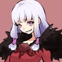 Rule 34 | 1girl, agria (tales), breasts, dress, freckles, fur trim, grey hair, grin, hair ornament, long hair, open mouth, purple eyes, red background, tales of (series), tales of xillia