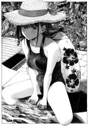 Rule 34 | 1girl, absurdres, bare arms, bare legs, bare shoulders, barefoot, between legs, black hair, blush, border, breasts, commentary, competition school swimsuit, day, floral print, full body, gagaimo, greyscale, hand between legs, hat, hat ribbon, highres, innertube, long hair, looking at viewer, medium breasts, monochrome, nib pen (medium), one-piece swimsuit, original, outdoors, outside border, parted lips, pool, poolside, ribbon, school swimsuit, screentones, sitting, soaking feet, solo, spread legs, straw hat, sun hat, swim ring, swimsuit, traditional media, water, white border