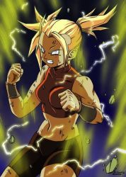 Rule 34 | 1girl, artist name, asura-00, aura, bare arms, bike shorts, blonde hair, bra (dragon ball), bra (dragon ball multiverse), breasts, clenched hand, clenched teeth, crop top, dragon ball, dragon ball multiverse, electricity, facing viewer, fighting stance, gradient background, high ponytail, looking at viewer, martial arts, medium breasts, midriff, navel, shorts, signature, simple background, solo, sparks, super saiyan, super saiyan 1, tank top, teeth