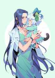 Rule 34 | 2boys, age difference, animal ears, aqua dress, aqua jacket, black hair, bubble tea, cat boy, cat ears, cat tail, child, circle, closed eyes, cowboy shot, crossdressing, dress, drinking, earrings, frilled dress, frills, highres, jacket, jacket on shoulders, jewelry, long hair, long sleeves, luo xiaohei, luo xiaohei (human), luo xiaohei zhanji, multiple boys, open mouth, profile, short hair, suncle, tail, very long hair, white hair, wuxian (the legend of luoxiaohei)