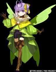 Rule 34 | 1girl, :d, artist request, bike shorts, boots, brown footwear, brown gloves, dress, fairy wings, fate/grand order, fate (series), full body, gloves, green dress, hair ribbon, hand up, highres, looking at viewer, murian (fate), official art, open mouth, purple eyes, purple hair, ribbon, smile, solo, thigh boots, thighhighs, wings, yellow ribbon