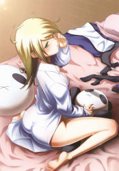 Rule 34 | 1girl, absurdres, arc system works, ass, bed, blazblue, blonde hair, dress shirt, flat chest, girl on top, green eyes, highres, kneeling, messy hair, naked shirt, no bra, no panties, noel vermillion, official art, open clothes, panda, sexually suggestive, shirt, solo, straddling, stuffed animal, stuffed toy, teddy bear, waking up