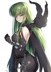 Rule 34 | 1girl, absurdres, ass, backlighting, bare shoulders, belt, black belt, black cloak, black dress, black gloves, breasts, budgiepon, c.c., chain, clenched hand, cloak, code geass, commentary request, cosplay, cowboy shot, curvy, digimon, dress, elbow gloves, from side, geass, gloves, green hair, hair between eyes, highres, ladydevimon, ladydevimon (cosplay), light blush, lips, long hair, looking at viewer, medium breasts, parted lips, sidelocks, simple background, skin tight, smile, solo, straight hair, strapless, strapless dress, very long hair, white background, yellow eyes