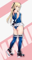 Rule 34 | 1girl, arms behind back, ass, bare shoulders, blonde hair, blue eyes, blue leotard, blue one-piece swimsuit, blue thighhighs, bow, breasts, dead or alive, dead or alive 5, elbow gloves, frills, from behind, full body, gloves, hair bow, highres, kurone rinka, leotard, lips, long hair, looking at viewer, looking back, marie rose, one-piece swimsuit, parted lips, shadow, shiny skin, sidelocks, simple background, sleeveless, small breasts, smile, standing, swimsuit, tecmo, thighhighs, thighs, twintails