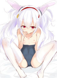 Rule 34 | 1girl, animal ears, azur lane, bare shoulders, bed sheet, blue one-piece swimsuit, blush, breasts, clothes pull, collarbone, commentary request, covered mouth, fake animal ears, hair between eyes, hair ornament, hairband, hand up, haru (nature life), highres, knees up, laffey (azur lane), long hair, nipples, no shoes, one-piece swimsuit, one-piece swimsuit pull, rabbit ears, red eyes, red hairband, sitting, small breasts, solo, spread legs, swimsuit, thighhighs, twintails, very long hair, white hair, white thighhighs