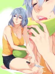 Rule 34 | 1girl, bare shoulders, barefoot, blue eyes, blush, breasts, cleavage, close-up, closed eyes, commentary, cutoffs, denim, denim shorts, eating, english commentary, feguimel, food, fruit, hair between eyes, highres, holding, holding knife, karina (feguimel), knife, large breasts, long hair, looking to the side, melon, open mouth, orange tank top, original, pink lips, short shorts, shorts, silver hair, sitting, smile, tank top, teeth, thighs, toes, tongue
