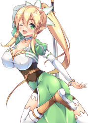 Rule 34 | 10s, 1girl, blonde hair, breasts, cleavage, female focus, green eyes, iroha (unyun), large breasts, leafa, long hair, pointy ears, ponytail, simple background, solo, sword, sword art online, very long hair, weapon, white background