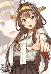 Rule 34 | 1girl, ahoge, bad id, bad twitter id, bare shoulders, brown hair, cowboy shot, dated, detached sleeves, double bun, hair bun, hairband, headgear, kantai collection, kongou (kancolle), kongou kai ni (kancolle), long hair, looking at viewer, nontraditional miko, pallad, pointing, ribbon-trimmed sleeves, ribbon trim, solo, twitter username, zoom layer