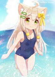 Rule 34 | 1girl, ahoge, animal ear fluff, animal ears, artist name, blonde hair, blue one-piece swimsuit, bow, breasts, cat ears, cat girl, cat tail, cloud, covered navel, green eyes, hair bow, hair ornament, hairclip, hazakura hinata, highres, long hair, looking at viewer, ocean, old school swimsuit, one-piece swimsuit, original, outdoors, ribbon, school swimsuit, sky, small breasts, smile, solo, swimsuit, tail, thighs, wading