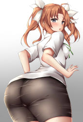 Rule 34 | 1girl, ahoge, asagumo (kancolle), ass, bad id, bad pixiv id, bike shorts, blouse, blue eyes, blush, bow, breasts, brown hair, from behind, hair bow, head tilt, highres, huge ass, kantai collection, long hair, looking at viewer, open mouth, shiny clothes, shirt, sideboob, simple background, solo, terakoya, thighs, twintails, white shirt