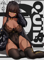 Rule 34 | 1girl, bare shoulders, black hair, black jacket, black leotard, black thighhighs, blunt bangs, blush, breasts, cleavage, closed mouth, commentary request, covered navel, dark skin, facial mark, highres, jacket, unworn jacket, lace, large breasts, leotard, long hair, looking at viewer, off shoulder, original, quibi-chan, sitting, spider apple, thick thighs, thighhighs, thighs, toned, yellow eyes