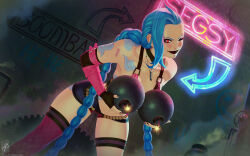 Rule 34 | 1girl, arm tattoo, arrow (symbol), bare shoulders, bent over, black lips, black shorts, bomb, braid, bullet, cloud tattoo, collarbone, explosive, feet out of frame, glowing, glowing eye, green hair, highres, holding, holding bomb, jinx (league of legends), league of legends, navel, one eye closed, outdoors, pink thighhighs, rain, red eyes, shorts, shoulder tattoo, single thighhigh, smile, solo, stomach, tattoo, themaestronoob, thighhighs, twin braids, twintails