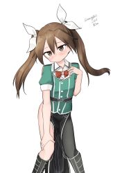 Rule 34 | 1girl, absurdres, asymmetrical legwear, black footwear, bow, bowtie, brown hair, dated, feet out of frame, green shirt, hair between eyes, hair ribbon, highres, kantai collection, long hair, maru (marg0613), pelvic curtain, red bow, red bowtie, ribbon, shirt, side slit, simple background, single thighhigh, solo, standing, thighhighs, tone (kancolle), tone kai ni (kancolle), twintails, twitter username, uneven legwear, white background