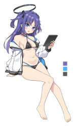 1girl alternate_costume bare_legs bare_shoulders barefoot bikini black_bikini blue_archive blush breasts color_guide full_body halo hatsunatsu holding holding_tablet_pc jacket long_hair looking_at_viewer mechanical_halo medium_breasts navel off_shoulder open_mouth purple_eyes purple_hair simple_background solo stomach string_bikini swimsuit tablet_pc two_side_up white_background yuuka_(blue_archive)