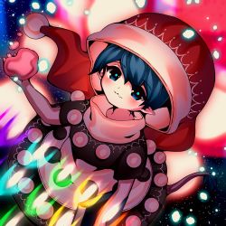 Rule 34 | 1girl, :3, absurdres, animal ears, arm at side, bad id, bad pixiv id, black capelet, black dress, blob, blue eyes, blue hair, blurry, blush, book, capelet, closed mouth, commentary, danmaku, doremy sweet, dream soul, dress, from above, glowing, hand up, hat, highres, holding, holding book, looking at viewer, looking up, multicolored clothes, multicolored dress, nightcap, open hand, oversized clothes, pointy ears, pom pom (clothes), red hat, short hair, short sleeves, solo, spell card, star (symbol), starry background, tapir ears, touhou, turtleneck, two-tone dress, white dress, yuka yukiusa