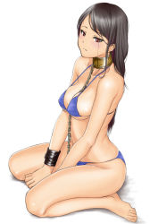 Rule 34 | 1girl, bdsm, bikini, black hair, blue bikini, breasts, brown eyes, chain, closed mouth, collar, collarbone, from side, full body, long hair, looking to the side, medium breasts, muffin (sirumeria), original, simple background, sitting, slave, solo, swimsuit, white background