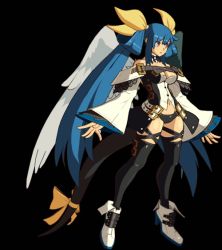 Rule 34 | 1girl, 3d, animated, animated gif, arc system works, asymmetrical wings, belt, black background, black panties, black thighhighs, blue hair, boots, bouncing, bouncing breasts, breasts, choker, collarbone, detached sleeves, dizzy (guilty gear), fighting stance, fingernails, guilty gear, guilty gear xrd, hair between eyes, hair ribbon, hair rings, high heels, idle animation, large breasts, long hair, looping animation, midriff, monster girl, navel, official art, panties, red eyes, ribbon, standing, tail, tail ornament, tail ribbon, thick thighs, thigh strap, thighhighs, thighs, twintails, underwear, wings, yellow ribbon