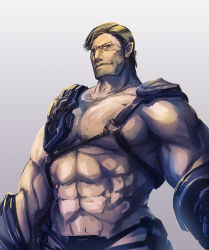 Rule 34 | 1boy, abs, blonde hair, brown eyes, clip studio paint (medium), commentary request, hair between eyes, highres, looking at viewer, male focus, muscular, original, photoshop (medium), pointy ears, simple background, solo, tenmaso, topless male, upper body, white background