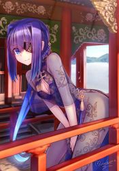 Rule 34 | 1girl, blue dress, blue eyes, blue hair, blush, breasts, china dress, chinese clothes, cleavage, cleavage cutout, closed mouth, clothing cutout, commentary request, day, dress, eyepatch, eyes visible through hair, hair over one eye, highres, leaning forward, long hair, looking at viewer, murasame shia, original, pelvic curtain, see-through, short sleeves, signature, small breasts, solo, standing, very long hair, wide sleeves