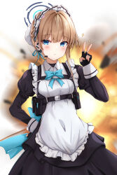 Rule 34 | 1girl, absurdres, blonde hair, blue archive, blue bow, blue bowtie, blush, bow, bowtie, explosion, halo, highres, maid, maid headdress, neon (hhs9444), solo, toki (blue archive), v, white background