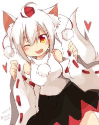Rule 34 | 1girl, ahoge, animal ears, bare shoulders, breasts, detached sleeves, fang, hat, heart, highres, inubashiri momiji, looking at viewer, one eye closed, pom pom (clothes), red eyes, short hair, silver hair, solo, tail, tokin hat, tosura-ayato, touhou, wolf ears, wolf tail
