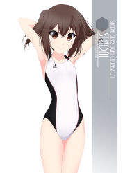 Rule 34 | 1girl, armpits, arms behind head, artist name, brown eyes, brown hair, character name, competition swimsuit, cowboy shot, eyes visible through hair, flat chest, hair between eyes, highres, inaba shiki, kantai collection, looking at viewer, one-hour drawing challenge, one-piece swimsuit, sendai (kancolle), short hair, simple background, smile, solo, standing, striped clothes, striped one-piece swimsuit, swimsuit, two side up, vertical-striped clothes, vertical-striped one-piece swimsuit, white background, white one-piece swimsuit