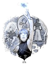 Rule 34 | 1girl, 2boys, aqua (kingdom hearts), arm up, armpits, artist name, asymmetrical clothes, blackpaopu, detached sleeves, dual persona, closed eyes, fingerless gloves, flower, gloves, highres, kingdom hearts, looking up, mirror, monochrome, multiple boys, no eyes, outstretched arm, parted lips, stairs, stairwell, terra (kingdom hearts), ventus (kingdom hearts)