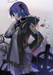 Rule 34 | 1girl, arknights, black jacket, black shorts, blue eyes, blue hair, blurry, blurry background, blurry foreground, breasts, breath, cloud, cloudy sky, commentary request, curled horns, depth of field, gloves, halo, hood, hood down, hooded jacket, horns, hua ye, jacket, long sleeves, looking away, mostima (arknights), open clothes, open jacket, outdoors, overcast, profile, rain, shirt, short shorts, shorts, sky, small breasts, solo, white gloves, white shirt