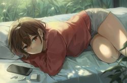 Rule 34 | 1girl, bed sheet, blush, brown hair, cellphone, earphones, gijang, hair between eyes, hair ornament, hairclip, higuchi madoka, idolmaster, idolmaster shiny colors, looking at viewer, lying, outdoors, parted lips, phone, pillow, plant, purple eyes, red sweater, short hair, short shorts, shorts, smartphone, solo, sweater, white shorts, wireless earphones