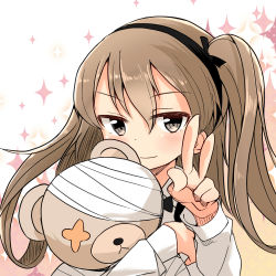 Rule 34 | 10s, 1girl, barashiya, black bow, black bowtie, bow, bowtie, brown eyes, casual, closed mouth, collared shirt, girls und panzer, holding, holding stuffed toy, light brown hair, long hair, long sleeves, looking at viewer, portrait, shimada arisu, shirt, side ponytail, skirt, smile, solo, sparkle, stuffed animal, stuffed toy, suspender skirt, suspenders, teddy bear, v, white shirt