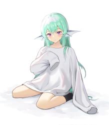 Rule 34 | 1girl, black socks, blouse, blunt ends, commentary, english commentary, finana ryugu, fins, fish girl, green hair, hair over shoulder, head fins, highres, light smile, long hair, looking at viewer, nijisanji, nijisanji en, oversized clothes, oversized shirt, purple eyes, shirt, sitting, sleeves past wrists, socks, solo, very long hair, virtual youtuber, vivid (vividusss), wariza, white background, white shirt