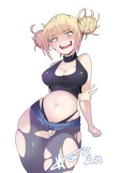 Rule 34 | 1girl, artist name, black panties, blonde hair, blush, boku no hero academia, breasts, choker, cleavage, double bun, hair bun, highleg, highleg panties, highres, hot vr, looking at viewer, navel, open mouth, panties, pantyhose, short shorts, shorts, simple background, solo, thick thighs, thigh gap, thighs, toga himiko, torn clothes, torn pantyhose, underwear, v, white background, wide hips, yellow eyes