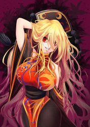 Rule 34 | 1girl, arm up, blonde hair, breasts, chinese clothes, crescent, hair over one eye, hat, huge breasts, junko (touhou), large breasts, long hair, long sleeves, looking at viewer, mature female, off shoulder, red eyes, ribbon, sash, smile, solo, standing, tabard, tassel, teeth, touhou, very long hair, wide sleeves, z.o.b