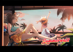 Rule 34 | 2girls, against railing, alternate costume, animal ears, arm up, bag, bare shoulders, barefoot, bikini, breasts, brown hair, chair, closed mouth, cloud, cocktail glass, cup, daitaku helios (#summer #new me) (umamusume), daitaku helios (umamusume), drinking glass, english text, flower, fuyukayui, green bikini, hat, hibiscus, highres, holding, holding cup, horse ears, horse girl, horse tail, letterboxed, lounge chair, medium hair, mejiro palmer (umamusume), multiple girls, navel, outstretched arm, palm tree, pink bikini, plant, ponytail, railing, reclining, sarong, small breasts, smile, standing, sun hat, swimsuit, tail, tree, umamusume