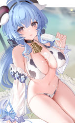 Rule 34 | 1girl, absurdres, ahoge, animal ears, animal print, bare shoulders, bell, bikini, black bow, black choker, blue hair, blurry, blurry background, bow, breasts, choker, cleavage, congqian you ke xing, covered erect nipples, cow ears, cow print, cowbell, cowboy shot, detached sleeves, dripping, food, food on body, ganyu (genshin impact), genshin impact, goat horns, gradient eyes, hair bow, halterneck, highres, holding, holding food, horns, large breasts, letterboxed, long hair, looking at viewer, multicolored eyes, navel, neck bell, ponytail, popsicle, purple eyes, sidelocks, sitting, solo, stomach, string bikini, swimsuit, thighs, white wristband