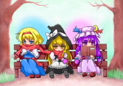 Rule 34 | 3girls, alice margatroid, blonde hair, blue eyes, blush, book, crescent, crescent hat ornament, crossed arms, dress, female focus, hairband, hat, hat ornament, kinokobakudan, kirisame marisa, long hair, mittens, multiple girls, nature, open book, outdoors, patchouli knowledge, perfect cherry blossom, plant, purple eyes, purple hair, reading, scarf, shared clothes, shared mittens, shared scarf, short hair, sky, touhou, witch, witch hat, yellow eyes