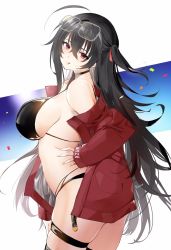 Rule 34 | 1girl, artist name, azur lane, bikini, black bikini, black hair, black thighhighs, breasts, eyewear on head, female focus, hair ornament, hand on own stomach, highres, hoerutarou, jacket, large breasts, long hair, looking at viewer, official alternate costume, open clothes, open jacket, race queen, red eyes, red jacket, simple background, solo, standing, swimsuit, taihou (azur lane), taihou (enraptured companion) (azur lane), thighhighs, tongue, tongue out