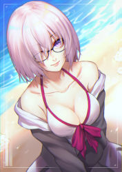 Rule 34 | 1girl, bare shoulders, beach, bikini, blush, breasts, cleavage, collarbone, commentary request, fate/grand order, fate (series), glasses, grey jacket, hair over one eye, highres, hood, hooded jacket, jacket, light purple hair, long sleeves, looking at viewer, mash kyrielight, mash kyrielight (swimsuit of perpetual summer), medium breasts, official alternate costume, purple eyes, re (re 09), short hair, smile, solo, swimsuit, upper body, water, white bikini