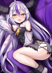 Rule 34 | 1girl, :d, ahoge, ankle cuffs, arm behind head, arm up, bare shoulders, black dress, blush, braid, braided bangs, demon horns, detached sleeves, dress, grey hair, hair between eyes, highres, hololive, horns, la+ darknesss, long hair, long sleeves, looking at viewer, lying, multicolored hair, on side, open mouth, pointy ears, purple hair, purple thighhighs, side slit, single thighhigh, smile, solo, streaked hair, thighhighs, thighs, very long hair, virtual youtuber, yellow eyes, yuano
