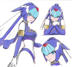 1girl armor blue_armor blue_eyes blue_helmet breasts close-up cowboy_shot fairy_leviathan_(mega_man) forehead_jewel helmet highres looking_at_viewer medium_breasts mega_man_(series) mega_man_zero_(series) multiple_girls robot_girl simple_background smile upper_body westglaze_18 white_background