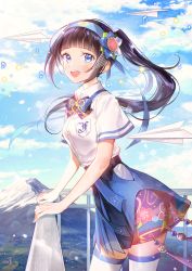 Rule 34 | 1girl, :d, aoi ch., black hair, blue bow, blue bowtie, blue eyes, blue ribbon, blunt bangs, blush, bow, bowtie, breast pocket, cloud, cloudy sky, collared shirt, commentary request, day, floral print, flower, fuji aoi, gomzi, hair flower, hair ornament, hair ribbon, hand on railing, highres, hip vent, long hair, looking at viewer, mole, mole under eye, mountain, musical note, open mouth, outdoors, paper airplane, pocket, railing, ribbon, round teeth, shirt, short sleeves, sidelocks, skirt, sky, smile, solo, teeth, thighhighs, upper teeth only, virtual youtuber, white shirt