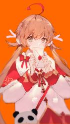 Rule 34 | 1girl, ahoge, bow, brown eyes, brown hair, capelet, chinese commentary, coat, commentary request, covered mouth, dyed ahoge, hands up, highres, holding, holding letter, letter, long sleeves, looking at viewer, orange background, panda, red bow, red capelet, shinka musume, shinka musume channel, simple background, solo, twintails, upper body, virtual youtuber, white coat, yiyuer